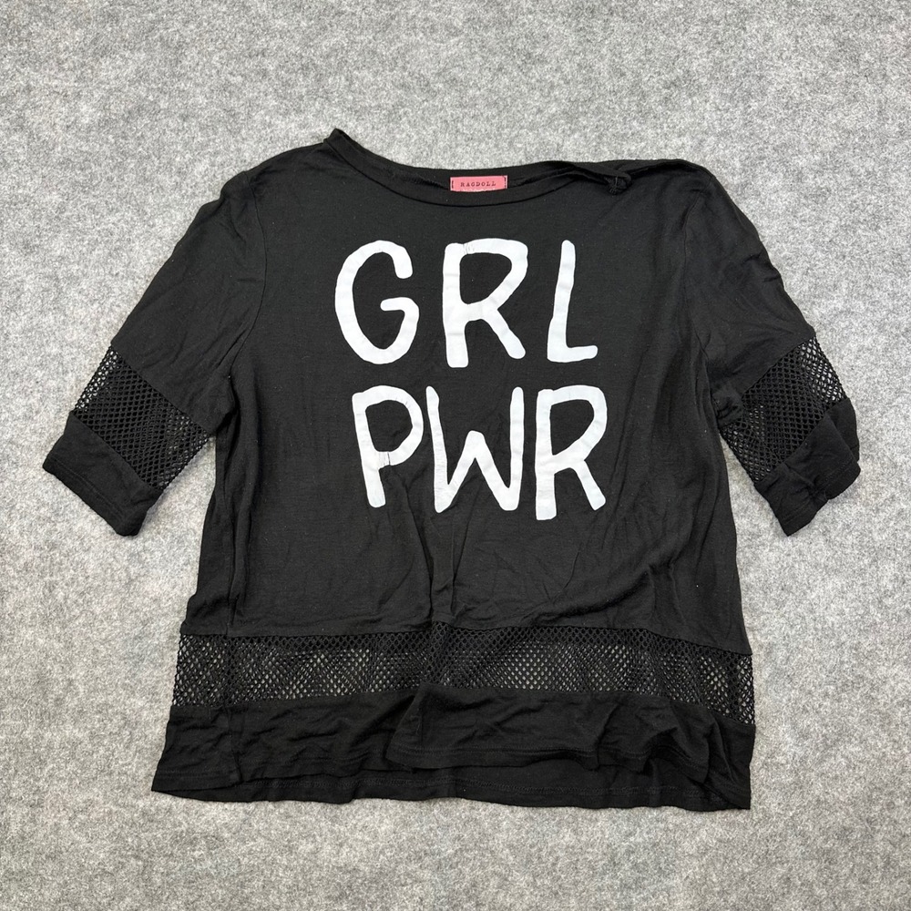 Ragdoll Graphic Tee Womens L Black GRL‎ PWR Mesh Trim Short Sleeve Crew Neck
